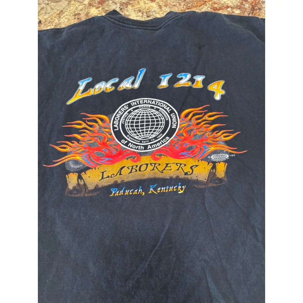 Vintage 90s Local 1214 Laborers Union Flame Graphic Pocket T-Shirt - Picture 2 of 5